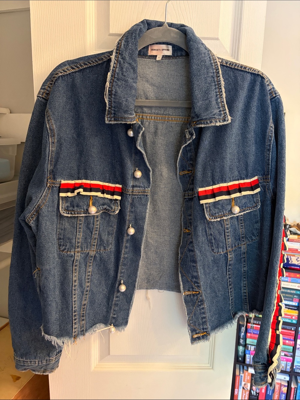 Striped-Trim Blue Denim Jacket with Pearl Buttons